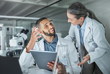 Image showing Science, man and woman consulting in laboratory doing research in hospital. Technology, medical innovation and communication, university lab worker and scientist or mentor checking information online