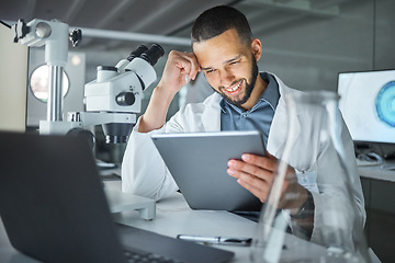 Image showing Digital tablet, medical scientist and research on dna, rna and medicine innovation in a laboratory. Science expert doing test analysis with data results on biotechnology in a pharmaceutical lab.