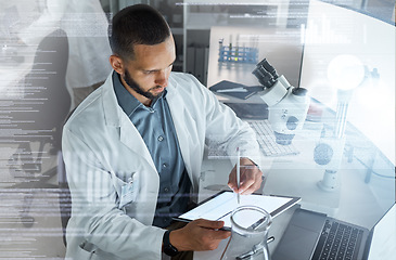 Image showing Science research, digital tablet and scientist working on medical analysis report in laboratory. Professional man chemist doing medicine or pharmaceutical innovation for dna with biotechnology in lab