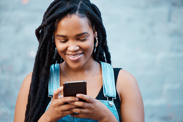 Image showing Black woman, social media and city phone typing, contact and communication on smartphone technology in Jamaica city. Gen z girl mobile apps, connection and 5g web online with internet notification