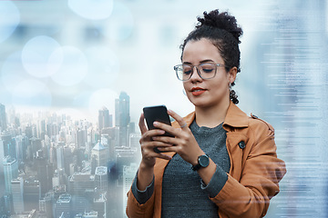 Image showing City overlay, phone communication and black woman typing an email on a smartphone with digital ai for business. African corporate worker working on a cellphone for 5g internet connection at work