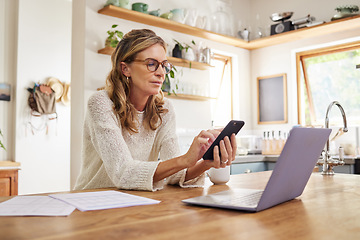 Image showing Woman, laptop or fintech phone app in house or home kitchen for finance budget, investment accounting or insurance taxes. Thinking mature person with technology, paper or document for retirement loan