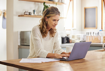 Image showing Mature woman, laptop and work in home for remote job, or online freelance. Lady, computer and paper in house work on email, social media or report for business on the internet with pc on table