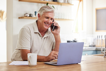 Image showing Senior man, phone call and laptop home budget finances, online banking and planning for retirement savings, investment and insurance. Happy mature guy working, consulting and mobile admin connection