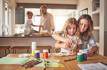 Image showing Family, art and mom with children painting, drawing or create artwork while having fun, bond and enjoy quality time together. Love, home and creative arts and crafts for kids, girl or playing child