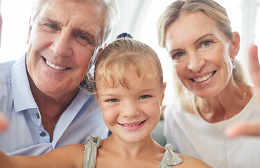 Image showing Happy, love and selfie with girl and grandparents together for family, technology or internet. Contact, smile and portrait of child, old man and elderly woman with photo for media, care and social