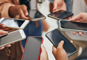 Image showing People group hands, phone screen and social media mobile apps, typing and digital iot connection together. Closeup social network, internet website and 5g smartphone cloud computing technology online