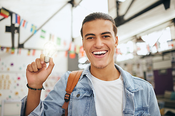 Image showing University student, lightbulb ideas and education innovation, learning solution and brainstorming for campus study. Portrait happy college nerd man problem solving, thinking and planning inspiration