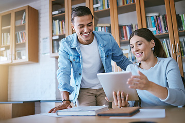 Image showing College friends, students and library tablet research connect for campus, knowledge and 5g educational learning. Happy man, young woman and university study group planning digital tech project ideas