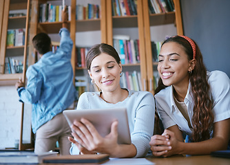 Image showing University friends, women students and library tablet research connect for knowledge, learning and college education together. Happy youth, campus study group or planning digital project ideas online