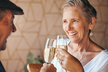 Image showing Senior couple, champagne and drinks toast in house or home for marriage anniversary, celebration event or retirement success. Happy smile, love or elderly man, woman and enjoy alcohol glass together