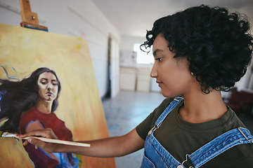 Image showing Painter, artist and woman at work on painting in studio for exhibition in museum, gallery or sale. Art, creative and girl with portrait in oil paint in workshop on canvas, brush and creativity