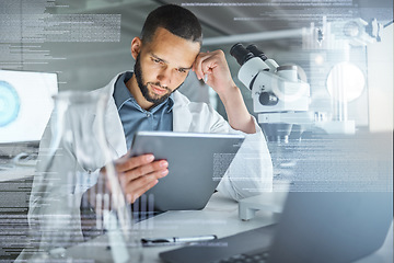 Image showing Science, research and tablet with a man engineer working in his laboratory on innovation and development with overlay. Internet, analytics and future with a scientist at work in a lab on breakthrough