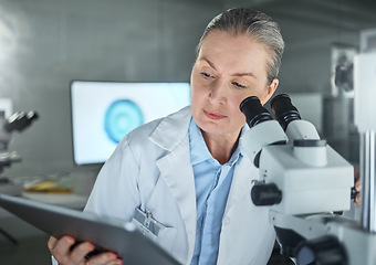 Image showing Thinking laboratory woman, microscope or tablet in science research, Canada healthcare innovation or future vaccine study. Mature scientist, dna worker or medical technology in medicine data analysis