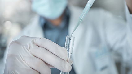 Image showing Laboratory man, hands and test tube dropper in medical research, cancer study or healthcare medicine innovation in covid insurance. Zoom on scientist or vaccine worker with science pipette equipment