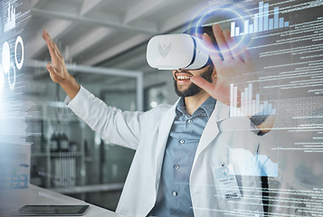 Image showing Virtual reality, overlay and science doctor in metaverse researching and working on futuristic 3d digital screen. Future, innovation and researcher in vr headset busy in a laboratory with medical ai