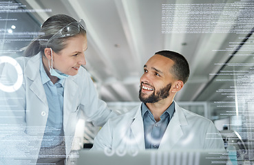 Image showing Scientist team, medical science and ui research or information technology for medicine innovation and development in lab. Chemistry man and woman mentor happy during test and analysis collaboration