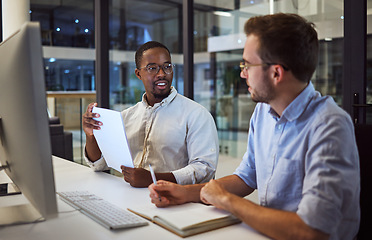 Image showing Business men, computer or planning in night office with notebook, paper or documents for programming company. Teamwork, collaboration or talking software developers with innovation idea for tech code