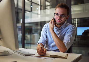 Image showing Business phone call, internet research and businessman planning idea on computer in dark office at night. Corporate manager writing notes and speaking on cellphone for strategy during late overtime