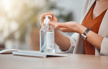 Image showing Business woman hands sanitizer, covid hygiene and office protocol for healthcare safety, corona virus protection and cleaning compliance. Responsible work disinfection of germs, bacteria or flu risk