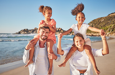 Image showing Adoption, children and family beach portrait with interracial people enjoying Mexico holiday together. Love, support and care of foster parents giving happy kids a piggyback ride on ocean vacation.