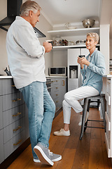 Image showing Coffee, love and couple with a senior man and woman drinking coffee together in the kitchen of their home. Retirement, smile and morning with an elderly male and female pensioner enjoying tea