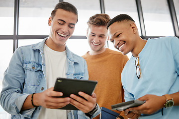 Image showing Technology, social media and tablet with friends happy laughing together looking at online content. Digital, web and internet video tech streaming of men with happiness watching a funny meme