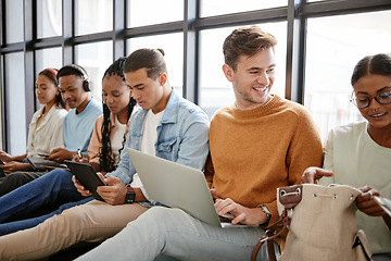 Image showing Recruitment, hiring and students in waiting room for internship at startup company, talking and bonding on a floor. Interview, candidate and unemployed youth prepare for meeting with HR at agency