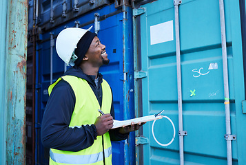 Image showing Warehouse, shipping and cargo checklist with happy manager smiling and checking stock at factory plant. Logistics, supply chain and management by black man excited with ecommerce delivery container