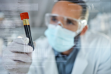 Image showing Blood, science and covid with a man engineer in a laboratory working on DNA research and innovation in a lab. Analytics, medical and development with a scientist at work in a laboratory with overlay