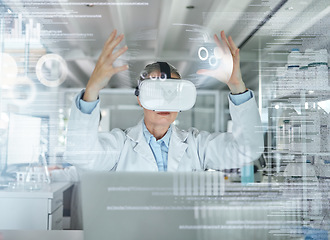 Image showing VR, science and ux with a woman engineer working on research and innovation in a 3d lab with overlay. Digital, metaverse and virtual reality with a scientist at work on analytics in a laboratory