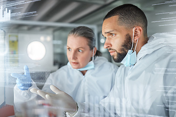 Image showing Science, technology and research on futuristic screen used by scientists in a lab. Innovation, digital transformation and future tech in healthcare, biotechnology and analytics in medical science