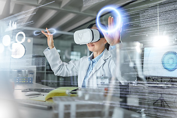 Image showing Science, VR hologram and scientist with futuristic data, 3d research software and digital innovation in laboratory for biotechnology. Virtual reality healthcare woman in ai future scifi matrix system