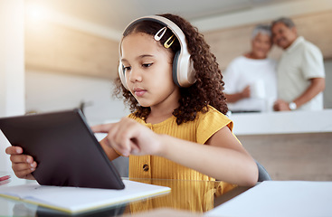 Image showing Girl, tablet or headphones in homeschool, education or homework learning on notebook in senior grandparents house. Thinking student, child or study technology and lockdown music podcast with elderly