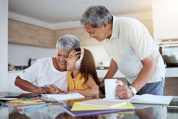 Image showing Family, learning and education with a girl and grandparents laughing while learning or doing homework at home. Children, study and school with a female kid, senior man and woman writing or drawing