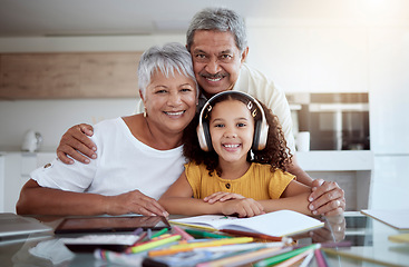 Image showing Portrait, girl and grandparents in homework, education and learning for childhood development at home. Happy child in homeschool smile with grandma and grandpa together in support to study and learn