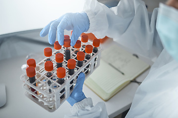 Image showing Blood dna, covid and scientist hands with ppe for vaccine research, test and investigation in laboratory. Clinic science lab, virus investigation analytics and medical biotechnology expert innovation