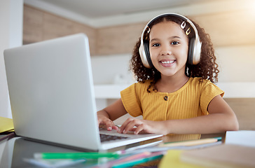 Image showing Learning, typing and girl on laptop with headphones on internet class, online studying or web elearning. Homeschooling, education and happy kid or child smile busy working on webinar course homework.