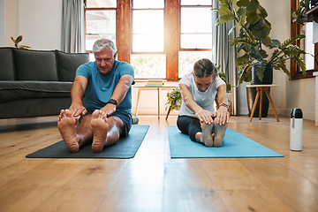 Image showing Yoga stretching, home workout and mature couple fitness in living room for wellness, exercise and healthy lifestyle in Australia. Senior man, relax woman and pilates training, energy and strong body