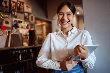 Image showing Restaurant, smile and tablet with woman of small business for digital, management and service. Cafe, success and store with portrait of employee working on vision, waiter and coffee shop startup