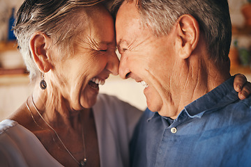 Image showing Happy senior couple, laughing and forehead faces in joyful happiness and love for relationship together at home. Closeup of elderly man and woman laugh and smile in funny, loving and touching moment