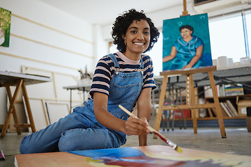 Image showing Woman, painter and art in creative workshop with happy smile for freelance in colorful arts and talent. Portrait of a freelancer female artist painting on a canvas smiling in studio for creativity