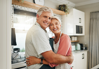 Image showing Love, hug and senior couple in the kitchen cooking dinner in a happy home enjoying retirement together at home. Romance, marriage and old woman hugging a romantic senior partner with a big smile