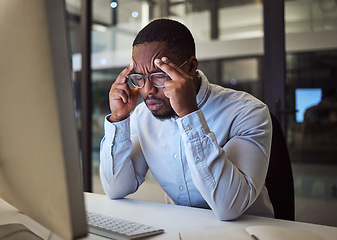 Image showing Stress, headache and black businessman on night office computer with 404 software glitch, cybersecurity hack and website seo mistake. Burnout, anxiety and mental health technology programmer in pain