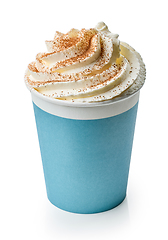 Image showing latte coffee drink in take away cup decorated with whipped cream