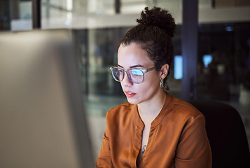 Image showing Woman, reading and glasses reflection in office at night, working on computer email or planning business schedule. Female worker, pc tech screen and overtime web research in dark company workplace.