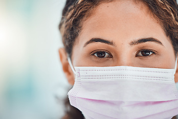 Image showing Covid, hospital and portrait of doctor with mask for safety and face protection from virus mockup. Medical woman with tired expression in eyes at medical facility for coronavirus treatment closeup.