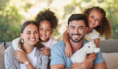 Image showing Family, mother and father with foster children hugging in a happy portrait together love sharing quality time together. Girls, dad and mom are proud adoption parents of cute kids enjoying the weekend