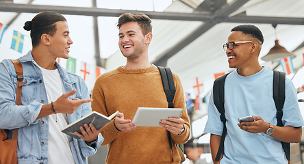 Image showing Student, friends and talking of university happy students diversity together using technology. Smile and speaking man friend group with happiness at an world and global event showing community