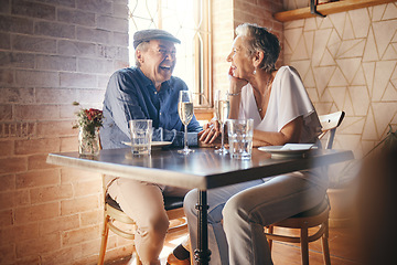 Image showing Love, smile and old couple holding hands in restaurant with champagne glasses and laughing. Romance, affection and elderly, retired man and woman with sparkling wine to celebrate anniversary together